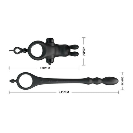 Vibrating Ring with Desmontable Anal Chain shown in black with dimensions for couples' pleasure.