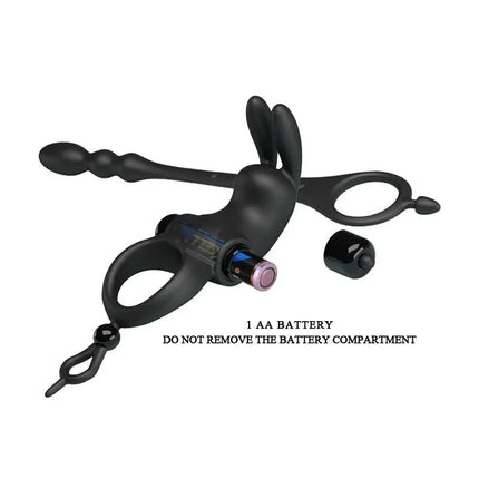 Vibrating Ring with Desmontable Anal Chain featuring detachable design and 3-tier stimulation with battery compartment.