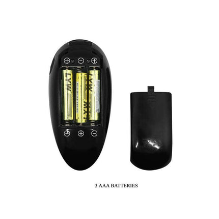 Battery compartment of Vibrating Strap On with Hollow Dildo Vito showcasing 3 AAA battery placement.