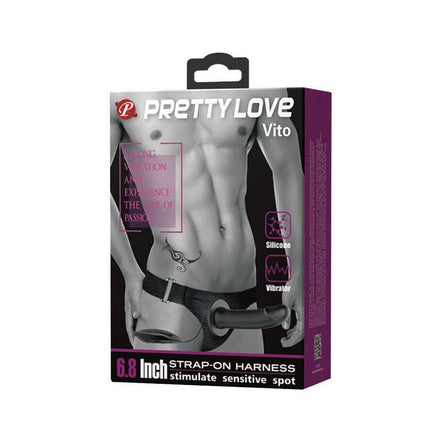 Packaging for Vibrating Strap On with Hollow Dildo Vito, featuring adjustable harness and powerful vibrations.