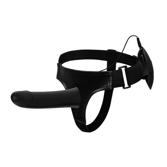 Vibrating Strap On with Hollow Dildo Vito with adjustable harness for versatile vibrations and secure fit in black.