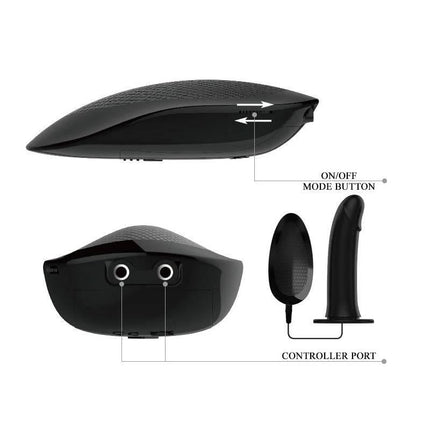 Diagram of Vibrating Strap On with Hollow Dildo Vito showcasing buttons and ports for customization and control.