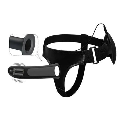 Vibrating Strap On with Hollow Dildo Vito adjustable harness and vibrating features for solo or shared intimacy.