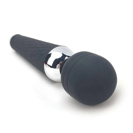 Close-up of Vibrating Wand USB Black with flexible head and USB charging from A-GUSTO, designed for pleasure and relaxation.