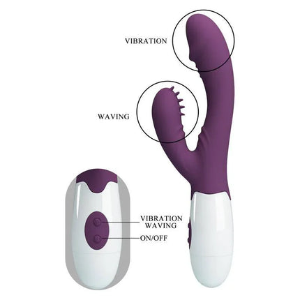 Vibrator Andre 30 functions Purple silicone curved design for enhanced pleasure with vibration and waving features.