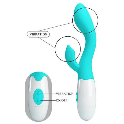 Vibrator Brighty 30 functions Blue dual-stimulation vibrator with 30 vibration functions for G-spot and clitoral stimulation.