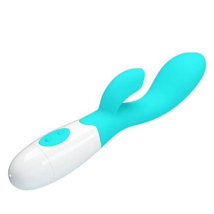 Blue Vibrator Brighty 30 functions with dual-stimulation design for G-spot and clitoral pleasure. Perfect for solo or partner use.