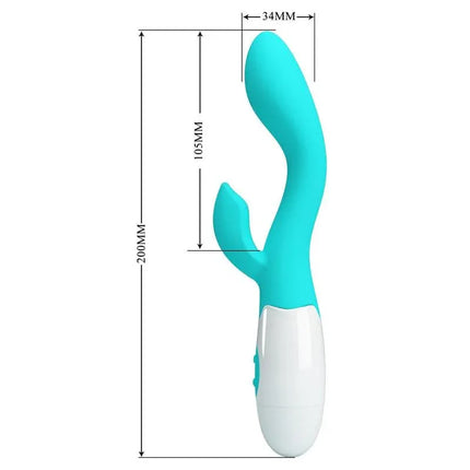 Vibrator Brighty 30 functions Blue dual-stimulation vibrator with dimensions, featuring powerful G-spot and clitoral vibrations.