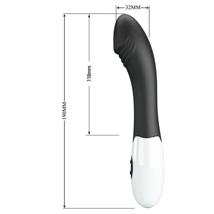 Vibrator Elemental 30 functions Black for precise G-spot stimulation with 30 vibration modes, shown with dimensions
