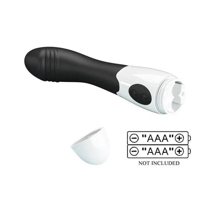 Vibrator Elemental 30 functions Black with battery compartment, featuring body-safe silicone design for precise G-spot stimulation.