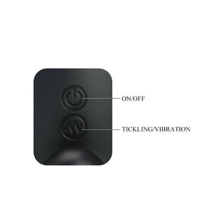 Close-up of Vibrator Prostate Massager with Tickling Function buttons for on/off and tickling/vibration settings.