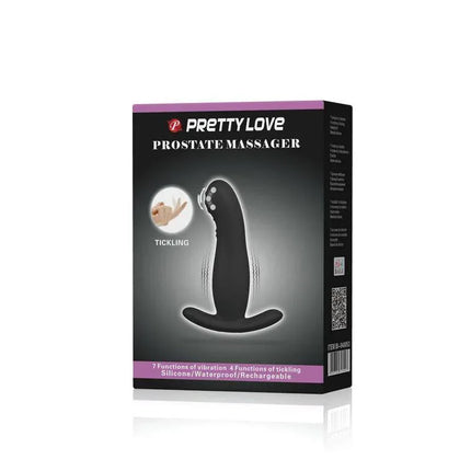 Vibrator Prostate Massager with Tickling Function in packaging, highlighting 7 vibration speeds and 4 tickling functions.
