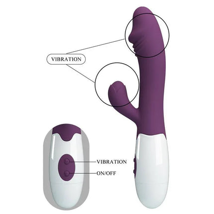 Vibrator Snappy 30 functions Purple with dual-stimulation features showing vibration and control buttons.