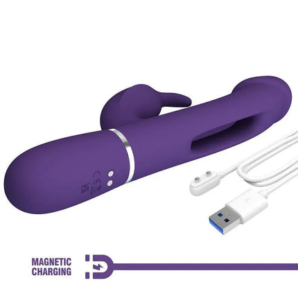 Vibrator with Licking Kampas - rechargeable silicone device with dual motors and magnetic charging cable.