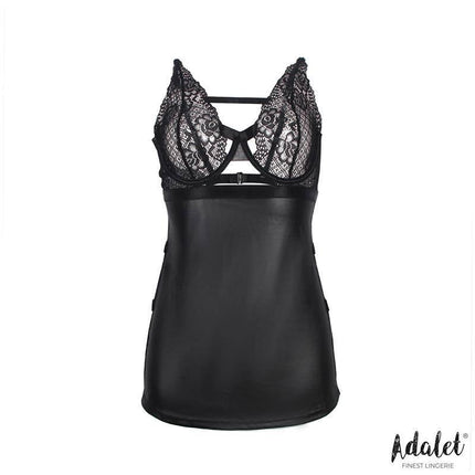 Vicky Babydoll Open Back by Adalet, elegant black chemise with floral lace, available in S-M and L-XL sizes, sensual and comfortable design.