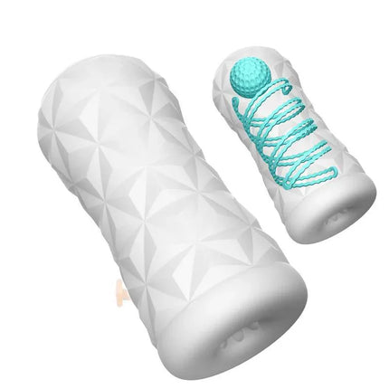 Victoria Cecil Manual Masturbator spinning ball with white textured exterior and turquoise details