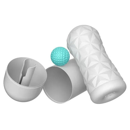 Victoria Cecil Manual Masturbator spinning ball with sleeve, blue stimulation ball, and protective case