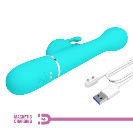 Vive with Thrusting and Rotating Beads Dejon Blue vibrator with magnetic charging cable, dual-motor design for enhanced pleasure.
