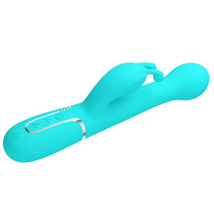 Vive with Thrusting and Rotating Beads Dejon Blue dual-action vibrator in turquoise with dual motors and ergonomic design