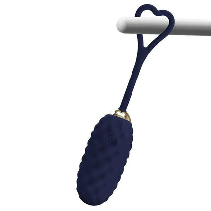 Vivian Vibrating Egg with Digital Screen Remote Control Blue silicone intimate toy with heart-shaped handle hanging on a rod