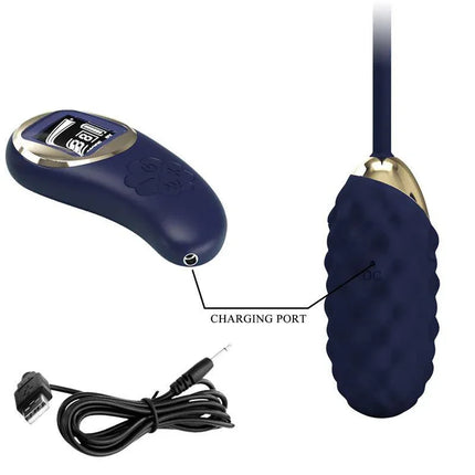 Vivian Vibrating Egg with Digital Screen Remote Control Blue showing charging port and cable