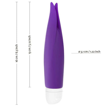 Volita Stimulator Violet compact clitoral vibrator with fluttering tips for enhanced sensation, shown with dimensions.