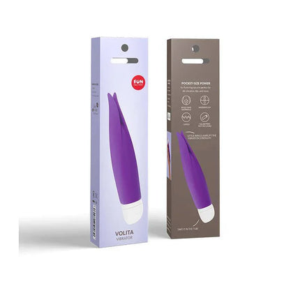 Packaging of Volita Stimulator Violet compact vibrator featuring fluttering tips for enhanced clitoral stimulation.