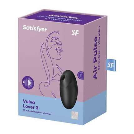 Packaging of Vulva Lover 3 Clitoris Sucker Black by Satisfyer with purple and black design.