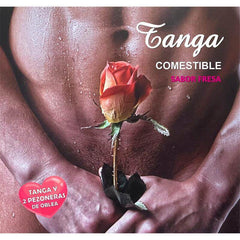 Close-up of a person holding a rose, promoting wafer thong and two strawberry flavored nipple covers set.