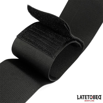 Close-up of Waistband and Velcro Wrist Cuff from Latetobed BDSM Line, showcasing black Velcro detail.