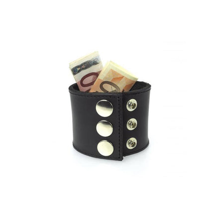 Wallet-Adjustable leather wristband with secured currency, black with metal accents, ideal for everyday or discreet BDSM use.
