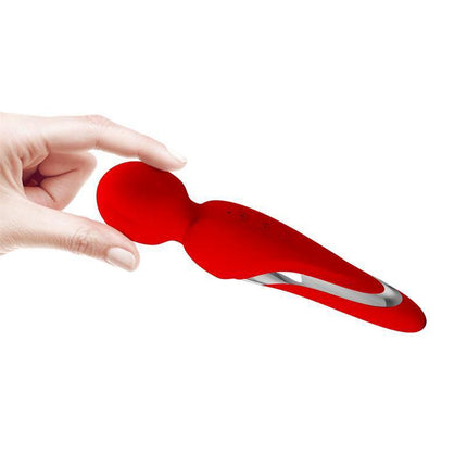 Close-up of the Walter Wand Red personal massager being held, showcasing its sleek design and vibrant color.