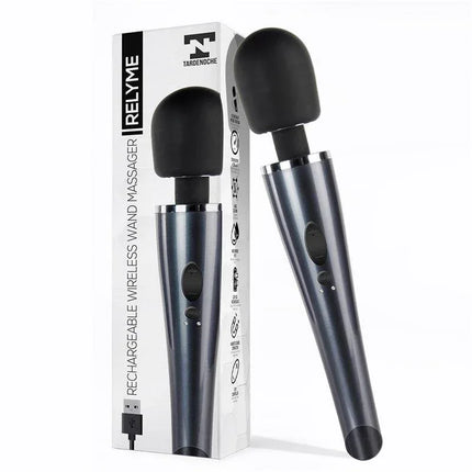 Wand Massager Relyme USB Silicone Black with box packaging, portable handheld with USB charging, perfect for relaxation.