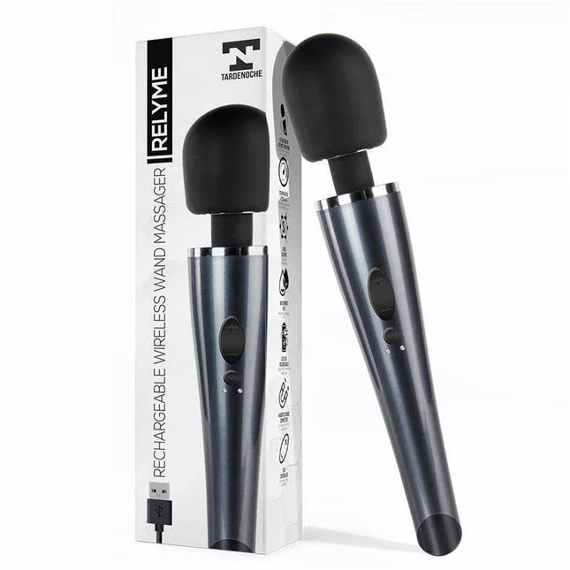 Wand Massager Relyme USB Silicone Black with box packaging, portable handheld with USB charging, perfect for relaxation.