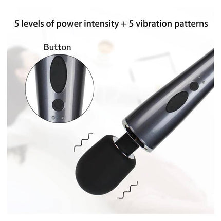 Wand Massager Relyme USB Silicone Black with 5 levels of power intensity and vibration patterns, featuring sleek design and button close-up.