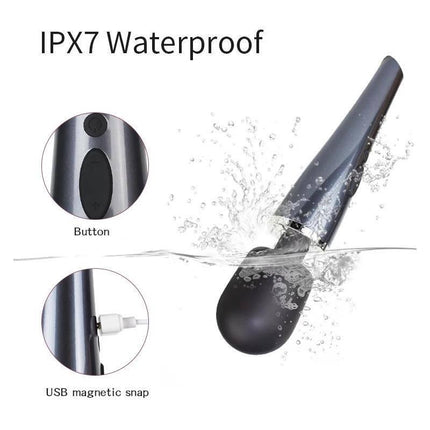 Wand Massager Relyme USB Silicone Black with IPX7 waterproof feature, showing button and USB magnetic snap, sleek black design.