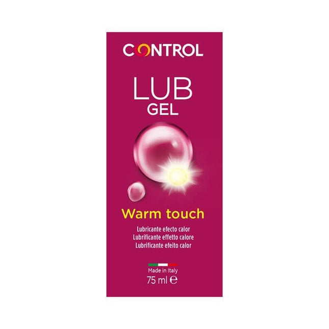 Warm Touch Lubricant 75 ml packaging featuring Control brand, 75 ml size, and warming sensation description for intimate use.