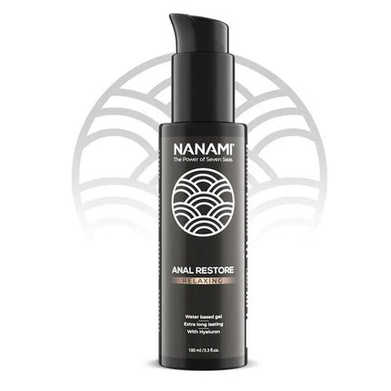 Water Base Anal Lubricant Gel Anal Restore 100 ml bottle with sleek black design, ideal for travel and smooth intimate experiences.