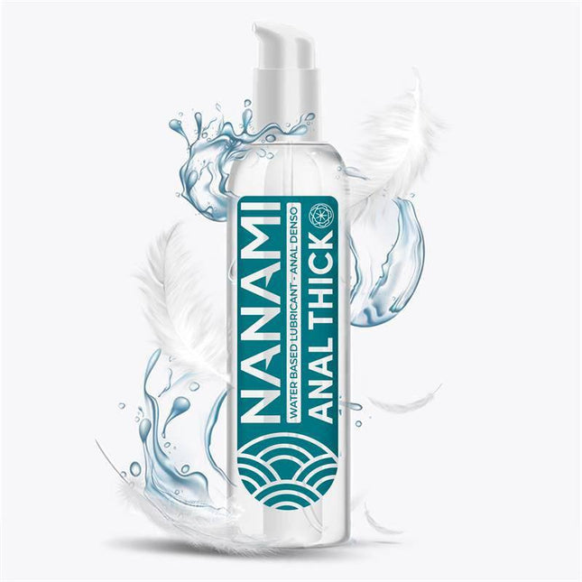 NANAMI Water Base Anal Lubricant Thick Density 150 ml bottle with blue label and splash graphics, designed for comfort and long-lasting glide.
