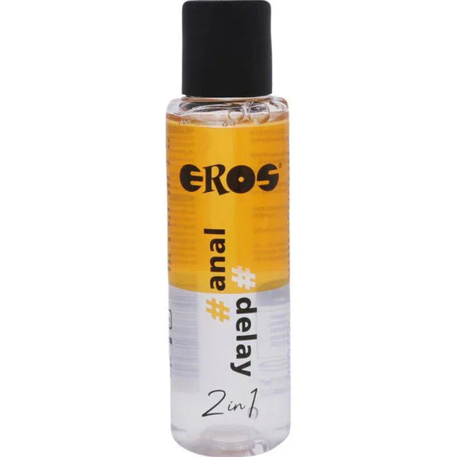 EROS Water Base Lubricant Anal Delay 2 in 1 100 ml bottle with yellow and clear design.