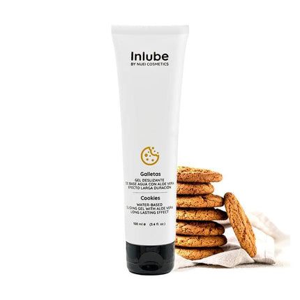 Water Base Lubricant Cookies Inlube 100 ml with stack of cookies in background
