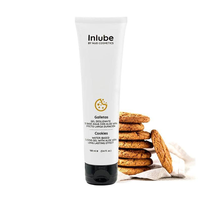 Water Base Lubricant Cookies Inlube 100 ml with stack of cookies in background