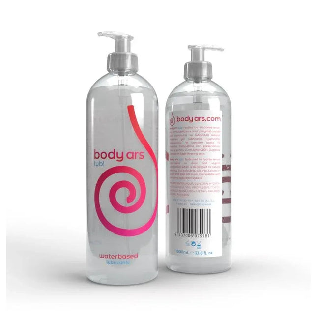Water Base Lubricant Gel Natural Dispenser 1000 ml in clear pump bottle, body ars branding, front and back view.