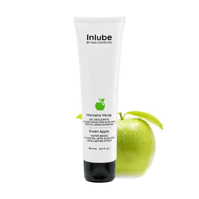 Water Base Lubricant Green Apple 100 ml tube with green apple in background