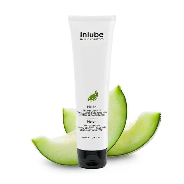 Water Base Lubricant Melon Inlube 100 ml tube with sliced melon background, aloe vera enriched water-based gel for smooth use.