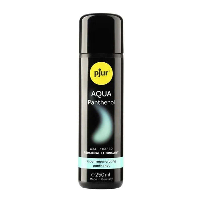 Water-based Lubricant Aqua 250 ml with panthenol for long-lasting intimacy, nourishing and regenerating, in a sleek black bottle.