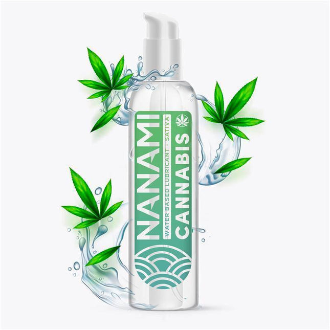 NANAMI Water Based Lubricant Cannabis 150 ml bottle with cannabis leaves and water splashes, enhancing intimate experiences with a smooth glide.