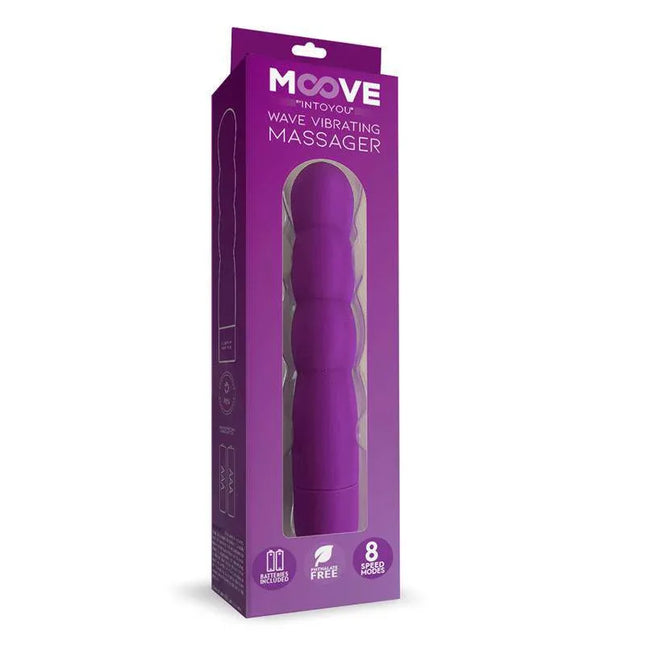 Wave Vibrating Massager Purple in sleek packaging by Moove, featuring 8 vibration modes for powerful stimulation and precise control.