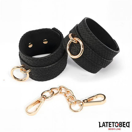 Weaving patterns ankle cuff Golden Chain with elegant black texture and gold-colored chain from Latetobed's BDSM line.