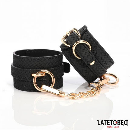 Weaving patterns ankle cuff Golden Chain by Latetobed, featuring a PU and metal design with gold chains for exquisite BDSM play.